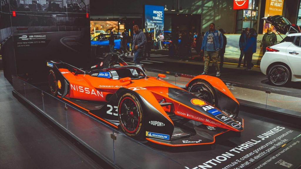 A formula e car on display for fans to see